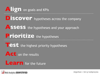 @tgwilson | bit.ly/webprocess
Align on goals and KPIs
Discover hypotheses across the company
Assess the hypotheses and your approach
Prioritize the hypotheses
Test the highest priority hypotheses
Act on the results
Learn for the future
 