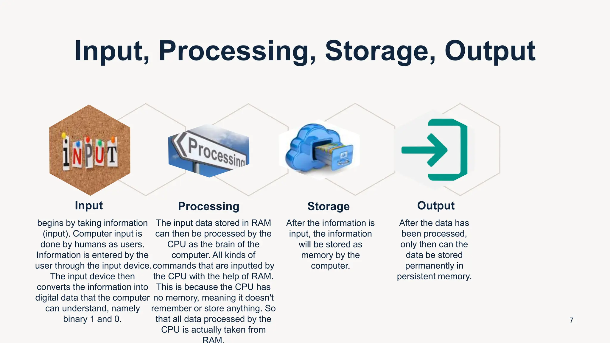 Input, Processing, Storage, Output
Input
begins by taking information
(input). Computer input is
done by humans as users.
Information is entered by the
user through the input device.
The input device then
converts the information into
digital data that the computer
can understand, namely
binary 1 and 0.
Processing
The input data stored in RAM
can then be processed by the
CPU as the brain of the
computer. All kinds of
commands that are inputted by
the CPU with the help of RAM.
This is because the CPU has
no memory, meaning it doesn't
remember or store anything. So
that all data processed by the
CPU is actually taken from
Storage
After the information is
input, the information
will be stored as
memory by the
computer.
Output
After the data has
been processed,
only then can the
data be stored
permanently in
persistent memory.
7
 