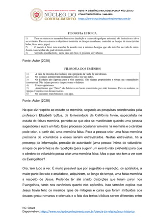 REVISTA CIENTÍFICA MULTIDISCIPLINAR NÚCLEO DO
CONHECIMENTO ISSN: 2448-0959
https://www.nucleodoconhecimento.com.br
RC: 50628
Disponível em: https://www.nucleodoconhecimento.com.br/ciencia-da-religiao/jesus-historico
Fonte: Autor (2020)
Fonte: Autor (2020)
No que diz respeito ao estudo da memória, segundo as pesquisas coordenadas pela
professora Elizabeth Loftus, da Universidade da Califórnia Irvine, especialista no
estudo de falsas memória, percebe-se que elas se manifestam quando uma pessoa
sugestiona a outra um fato. Esse processo ocasionar um erro na memória e o cérebro
pode criar, a partir daí, uma memória falsa. Para a pessoa criar uma falsa memória
precisaria de voluntários e esses seriam entrevistados. Nestas entrevistas, há a
presença da informação, pressão de autoridade (uma pessoa íntima do voluntário:
amigos ou parentes) e de repetição (para sugerir um evento não existente) para que
o cérebro do voluntário possa criar uma memória falsa. Mas o que isso tem a ver com
os Evangelhos?
Ora, tem tudo a ver. É muito possível que por sugestão e repetição, os apóstolos, a
maior parte iletrado e analfabeto, adquiriram, ao longo do tempo, uma falsa memória
a respeito de Jesus. Podendo ter até criado distorções que foram parar nos
Evangelhos, tanto nos canônicos quanto nos apócrifos. Isso também explica que
Jesus havia feito os mesmos tipos de milagres e curas que foram atribuídos aos
deuses greco-romanos e orientais e o fato dos textos bíblicos serem diferentes entre
 