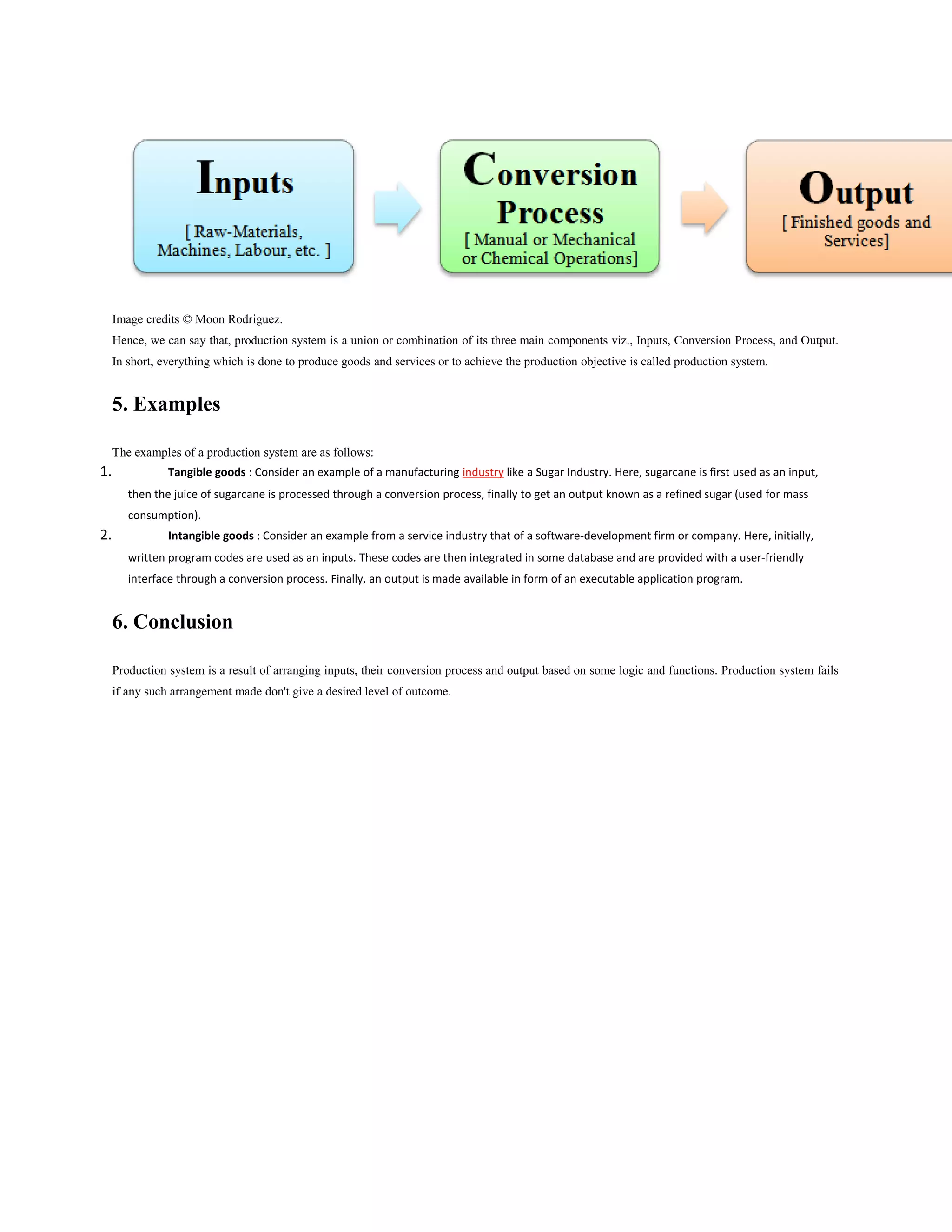 Image credits © Moon Rodriguez.
Hence, we can say that, production system is a union or combination of its three main components viz., Inputs, Conversion Process, and Output.
In short, everything which is done to produce goods and services or to achieve the production objective is called production system.
5. Examples
The examples of a production system are as follows:
1. Tangible goods : Consider an example of a manufacturing industry like a Sugar Industry. Here, sugarcane is first used as an input,
then the juice of sugarcane is processed through a conversion process, finally to get an output known as a refined sugar (used for mass
consumption).
2. Intangible goods : Consider an example from a service industry that of a software-development firm or company. Here, initially,
written program codes are used as an inputs. These codes are then integrated in some database and are provided with a user-friendly
interface through a conversion process. Finally, an output is made available in form of an executable application program.
6. Conclusion
Production system is a result of arranging inputs, their conversion process and output based on some logic and functions. Production system fails
if any such arrangement made don't give a desired level of outcome.
 
