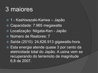 3 maiores
 1 - Kashiwazaki-Kariwa – Japão
 Capacidade: 7.965 megawatts
 Localização: Niigata-Ken - Japão
 Número de Reatores: 7
 Saída (2010): 24,626.913 gigawatts-hora.
 Esta energia atende quase 3 por cento da
eletricidade total do Japão. A usina vem se
recuperando do terremoto de magnitude
6,8 de 2007.
 