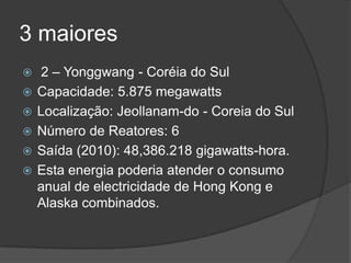 3 maiores
 2 – Yonggwang - Coréia do Sul
 Capacidade: 5.875 megawatts
 Localização: Jeollanam-do - Coreia do Sul
 Número de Reatores: 6
 Saída (2010): 48,386.218 gigawatts-hora.
 Esta energia poderia atender o consumo
anual de electricidade de Hong Kong e
Alaska combinados.
 