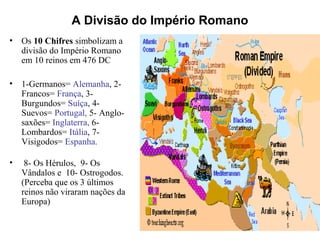 A Divisão do Império Romano
• Os 10 Chifres simbolizam a
divisão do Império Romano
em 10 reinos em 476 DC
• 1-Germanos= Alemanha, 2-
Francos= França, 3-
Burgundos= Suíça, 4-
Suevos= Portugal, 5- Anglo-
saxões= Inglaterra, 6-
Lombardos= Itália, 7-
Visigodos= Espanha.
• 8- Os Hérulos, 9- Os
Vândalos e 10- Ostrogodos.
(Perceba que os 3 últimos
reinos não viraram nações da
Europa)
 