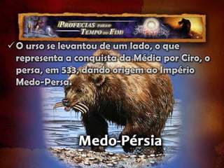 As pernas de ferro que representavam Roma em Daniel 2, são aqui substituídos pelo animal terrível e espantoso, para o qual pareceu não haver classificação zoológica.Pela História, sabemos que o poder que veio depois dos 4 impérios gregos foi Roma, que surgiu de um ponto à oeste desses impérios.