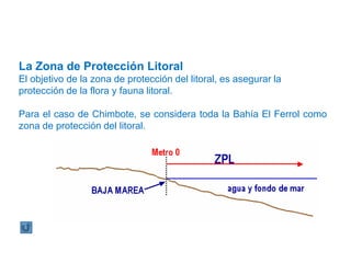 La Zona de Protección Litoral
El objetivo de la zona de protección del litoral, es asegurar la
protección de la flora y fauna litoral.
Para el caso de Chimbote, se considera toda la Bahía El Ferrol como
zona de protección del litoral.
 