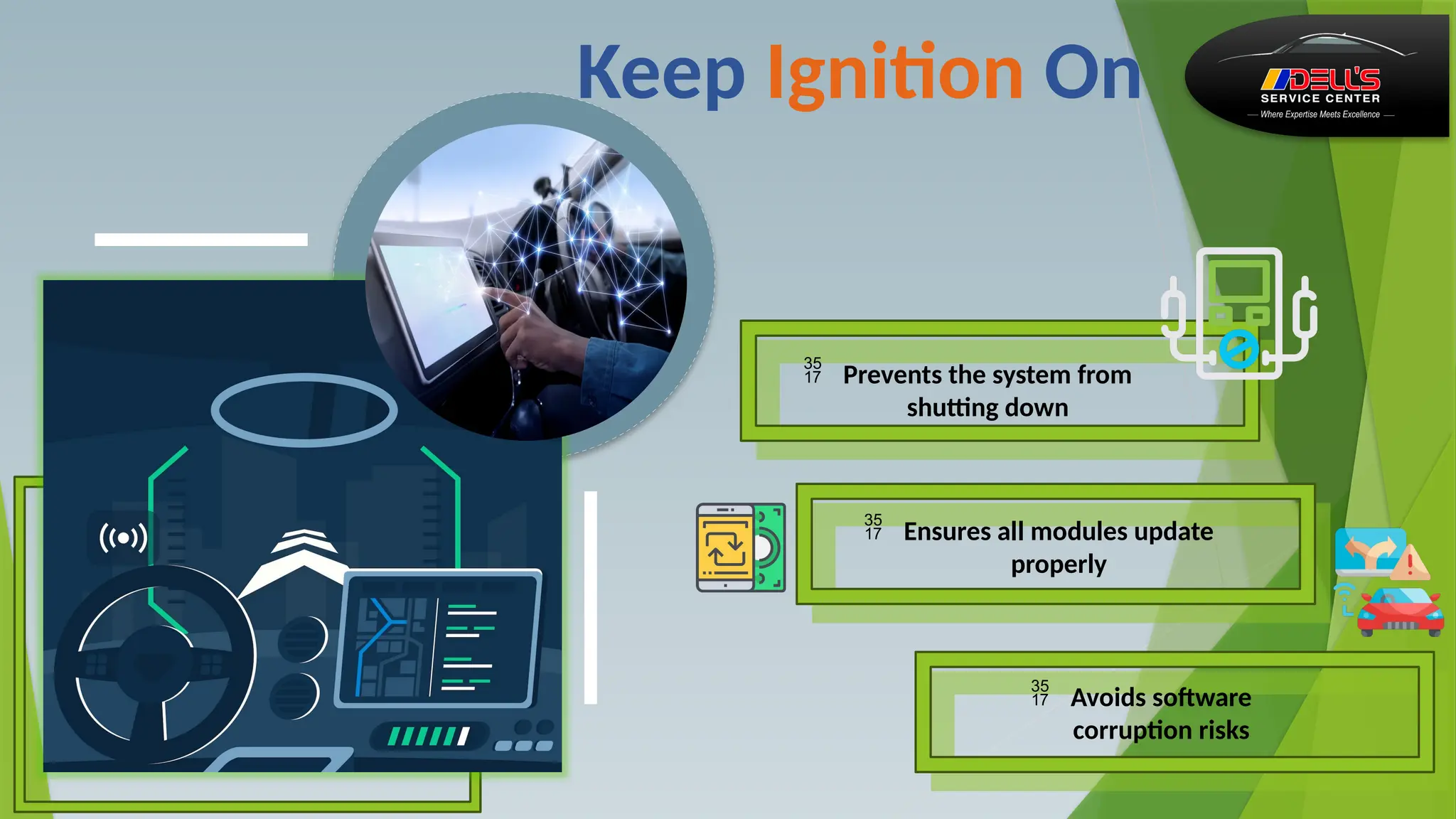 Keep Ignition On
 Prevents the system from
shutting down
 Ensures all modules update
properly
 Avoids software
corruption risks
 