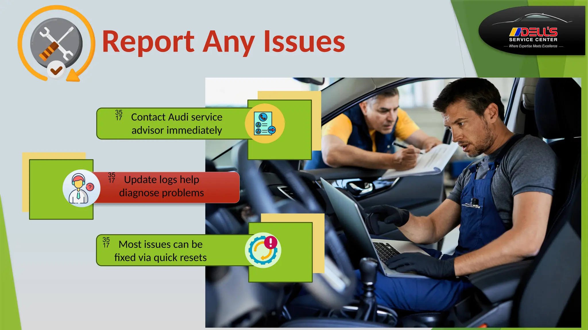 Report Any Issues
 Contact Audi service
advisor immediately
 Update logs help
diagnose problems
 Most issues can be
fixed via quick resets
 