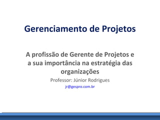 Gerenciamento de Projetos

A profissão de Gerente de Projetos e
a sua importância na estratégia das
            organizações
        Professor: Júnior Rodrigues
              jr@gespro.com.br
 