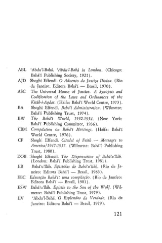ABL

Abdu'1-Bahá. 'Abdu'l-Bahá in London. (Chicago:
Bahá'í Publishing Society, 1921).
AJD Shoghi Effendi. O Advento da Justiça Divina. (Rio
de Janeiro: Editora Bahá'í — Brasil, 1970).
ASC The Universal House of Justice. A Synopsis and
Codification of the Laws and Ordinances of the
Kitáb-i-Aqdas. (Haifa: Bahá'í World Centre, 1973).
BA
Shoghi Effendi. Bahá'í Administration. (Wilmette:
Bahá'í Publishing Trust, 1974).
BW
The Bahá'í World, 1932-1934. (New York:
Bahá'í Publishing Committee, 1936).
CBM Compilation on Bahá'í Meetings. (Haifa: Bahá'í
World Centre, 1976).
CF
Shoghi Effendi. Citadel of Faith — Messages to
America 11947-1957. (Wilmette: Bahá'í Publishing
Trust, 1980).
DOB Shoghi Effendi. The Dispensation of Bahá'u'lláh.
(London: Bahá'í Publishing Trust, 1981).
EB
Bahá'u'lláh. Epístolas de Bahá'u'lláh. (Rio de Janeiro: Editora Bahá'í — Brasil, 1983).
EBC Educação Bahá'í: uma compilação. (Rio de Janeiro:
Editora Bahá'í — Brasil, 1981).
ESW BaháVlláh. Epistle to the Son of the Wolf. (Wilmette: Bahá'í Publishing Trust, 1979).
EV
'Abdu'1-Bahá. O Esplendor da Verdade. (Rio de
Janeiro: Editora Bahá'í — Brasil, 1979).

121

 