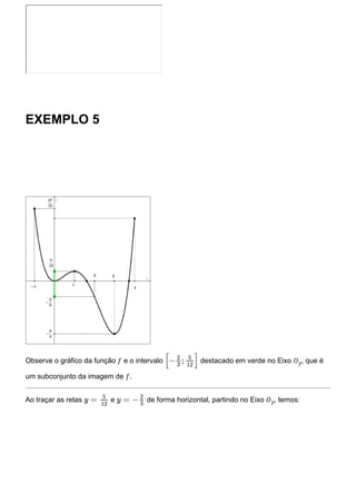 EXEMPLO 5
Observe o gráfico da função 𝑓 e o intervalo destacado em verde no Eixo 𝑂𝑦, que é
um subconjunto da imagem de 𝑓.
Ao traçar as retas e de forma horizontal, partindo no Eixo 𝑂𝑦, temos:
[− ; ]
2
3
5
12
y =
5
12
y = −
2
3
 