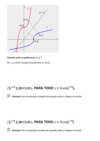 Simetria entre os gráficos de 𝒇 e 𝒇−𝟏
Se 𝑓 e 𝑔 forem funções inversas entre si, temos:
𝑓(𝑓−1 (𝑦))=𝑓(𝑥)=𝑦, PARA TODO 𝑦 ∈ 𝐷𝑜𝑚(𝑓−1).
 Atenção! Para visualização completa da equação utilize a rolagem horizontal
𝑓(𝑓−1 (𝑦))=𝑓(𝑥)=𝑦, PARA TODO 𝑦 ∈ 𝐷𝑜𝑚(𝑓−1)
 Atenção! Para visualização completa da equação utilize a rolagem horizontal
 