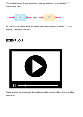 A lei da esquerda nos diz que, se começarmos em 𝑥, aplicando 𝑓, e, em seguida, 𝑓−1,
obteremos de volta 𝑥.
Da mesma forma, a lei da direita nos diz que, se começarmos em 𝑦, aplicando 𝑓−1, e, em
seguida, 𝑓, obteremos de volta 𝑦.
EXEMPLO 1
Assista ao vídeo com um exemplo de relação geométrica entre os gráficos de uma função e
sua inversa.
 