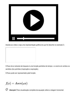 Assista ao vídeo e veja uma representação gráfica do que foi descrito no exemplo 3.
O fluxo de ar através da traqueia é uma função periódica do tempo 𝑥 e ocorre em ambos os
sentidos dos pulmões (inspiração e expiração).
O fluxo pode ser representado pela função:
 Atenção! Para visualização completa da equação utilize a rolagem horizontal
f(x) = Asen(ωx)
 
