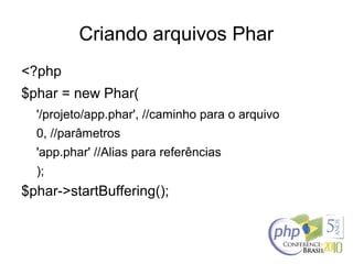 Criando arquivos Phar
<?php
$phar = new Phar(
'/projeto/app.phar', //caminho para o arquivo
0, //parâmetros
'app.phar' //Alias para referências
);
$phar->startBuffering();
 