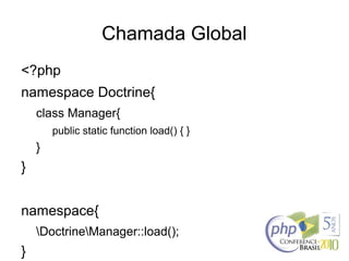 Chamada Global
<?php
namespace Doctrine{
class Manager{
public static function load() { }
}
}
namespace{
DoctrineManager::load();
}
 