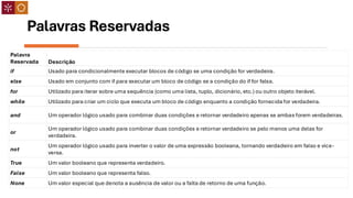Palavras Reservadas
Palavra
Reservada Descrição
if Usado para condicionalmente executar blocos de código se uma condição for verdadeira.
else Usado em conjunto com if para executar um bloco de código se a condição do if for falsa.
for Utilizado para iterar sobre uma sequência (como uma lista, tuplo, dicionário, etc.) ou outro objeto iterável.
while Utilizado para criar um ciclo que executa um bloco de código enquanto a condição fornecida for verdadeira.
and Um operador lógico usado para combinar duas condições e retornar verdadeiro apenas se ambas forem verdadeiras.
or
Um operador lógico usado para combinar duas condições e retornar verdadeiro se pelo menos uma delas for
verdadeira.
not
Um operador lógico usado para inverter o valor de uma expressão booleana, tornando verdadeiro em falso e vice-
versa.
True Um valor booleano que representa verdadeiro.
False Um valor booleano que representa falso.
None Um valor especial que denota a ausência de valor ou a falta de retorno de uma função.
 