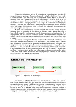 20
Desde os primórdios dos tempos de tecnologia de programação, um programa de
computador precisa passar por algumas seqüências de avaliações. O editor de texto é onde
o usuário escreve o que ele deseja que o computador realize. Depois de escrever o
programa, para que o mesmo converse com o computador, não pode haver erros na
colocação das regras dentro da linguagem escolhida. Para isso as averiguações de
inconsistências entre o que o programador deseja e o que ele pode usar naquela linguagem
escolhida é realizada pelo compilador. Caso haja alguma inconsistência entre o programa
escrito e a notação dos símbolos e regras permitidas pela linguagem, uma mensagem de
erro é enviada pelo compilador.
A última fase é o processo de linkagem realizada pelo linkador que vai atrelar ao
programa todas as bibliotecas de funções que o programa poderá acessar. Exemplo: a
impressão de um gráfico precisa de uma rotina da linguagem que permita a impressão. Se a
linguagem não tem essa rotina ou função que permita o programa imprimir um gráfico ou
imagem, o programa não poderá realizar a tarefa e uma mensagem de erro será emitida para
o usuário.
Todos esses alertas podem deixar o leitor iniciante confortável, achando que seus
erros serão alertados pelo computador. Não, infelizmente o pior dos erros nunca é alertado
pelo computador. O erro lógico de pensamento do programador nunca á encontrado pelo
computador. Exemplo: se o programador enviou uma ordem para que o computador fazer a
operação 2 + 3 = 4, se a regra de soma estiver de acordo com as permissões da linguagem,
o computador vai enviar ao usuário a mensagem que dois mais três é quatro e não cinco. O
problema é que o computador recebeu uma ordem lógica errada, mas com comandos certos.
Assim, caro leitor, lembre-se que seus erros de programação somente um ser humano
poderá encontrar ( no VBA-Excel pelo menos ).
Figura 2.2- O processo de programação
No entanto, no VBA-Excel esse processo é muito rápido e o leitor nem perceberá
qual dos processos está ocorrendo. Nos primórdios dos primeiros computadores linguagens
as vezes demoravam minutos e até horas para compilar e mais ou menos o mesmo tempo
para linkar. Exemplo disso é a linguagem cientifica que dominou o mundo acadêmico até a
década de 1990, o FORTRAN, onde os compiladores eram programas externos a
linguagem e os linkadores também. Para a execução de um programa, o programador tinha
que esperar bastante tempo e torcer para não acusar erros em sua programação.
 