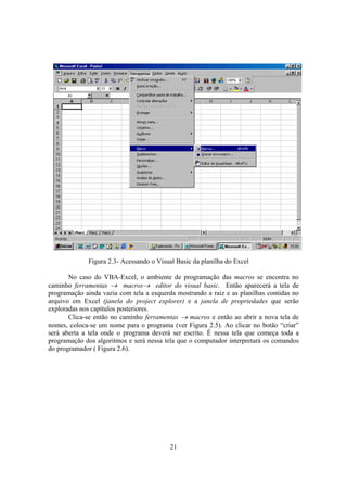 21
Figura 2.3- Acessando o Visual Basic da planilha do Excel
No caso do VBA-Excel, o ambiente de programação das macros se encontra no
caminho ferramentas → macros→ editor do visual basic. Então aparecerá a tela de
programação ainda vazia com tela a esquerda mostrando a raiz e as planilhas contidas no
arquivo em Excel (janela do project explorer) e a janela de propriedades que serão
exploradas nos capítulos posteriores.
Clica-se então no caminho ferramentas → macros e então ao abrir a nova tela de
nomes, coloca-se um nome para o programa (ver Figura 2.5). Ao clicar no botão “criar”
será aberta a tela onde o programa deverá ser escrito. É nessa tela que começa toda a
programação dos algoritmos e será nessa tela que o computador interpretará os comandos
do programador ( Figura 2.6).
 