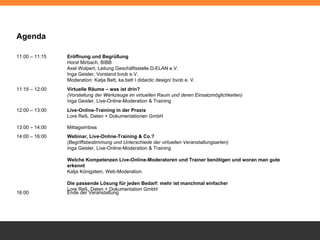 Ende der Veranstaltung 16:00 Webinar, Live-Online-Training & Co.?   (Begriffsbestimmung und Unterschiede der virtuellen Veranstaltungsarten) Inga Geisler,  Live-Online-Moderation & Training Welche Kompetenzen Live-Online-Moderatoren und Trainer benötigen und woran man gute erkennt Katja Königstein, Web-Moderation Die passende Lösung für jeden Bedarf: mehr ist manchmal einfacher Lore Reß, Daten + Dokumentation GmbH 14:00 – 16:00 Mittagsimbiss 13:00 – 14:00 Live-Online-Training in der Praxis Lore Reß, Daten + Dokumentationen GmbH 12:00 – 13:00 Virtuelle Räume – was ist drin? (Vorstellung der Werkzeuge im virtuellen Raum und deren Einsatzmöglichkeiten)  Inga Geisler, Live-Online-Moderation & Training 11:15 – 12:00 Eröffnung und Begrüßung Horst Mirbach, BIBB Axel Wolpert, Leitung Geschäftsstelle D-ELAN e.V. Inga Geisler, Vorstand bvob e.V. Moderation: Katja Bett, ka.bett I didactic design/ bvob e. V. 11:00 – 11:15 Agenda 