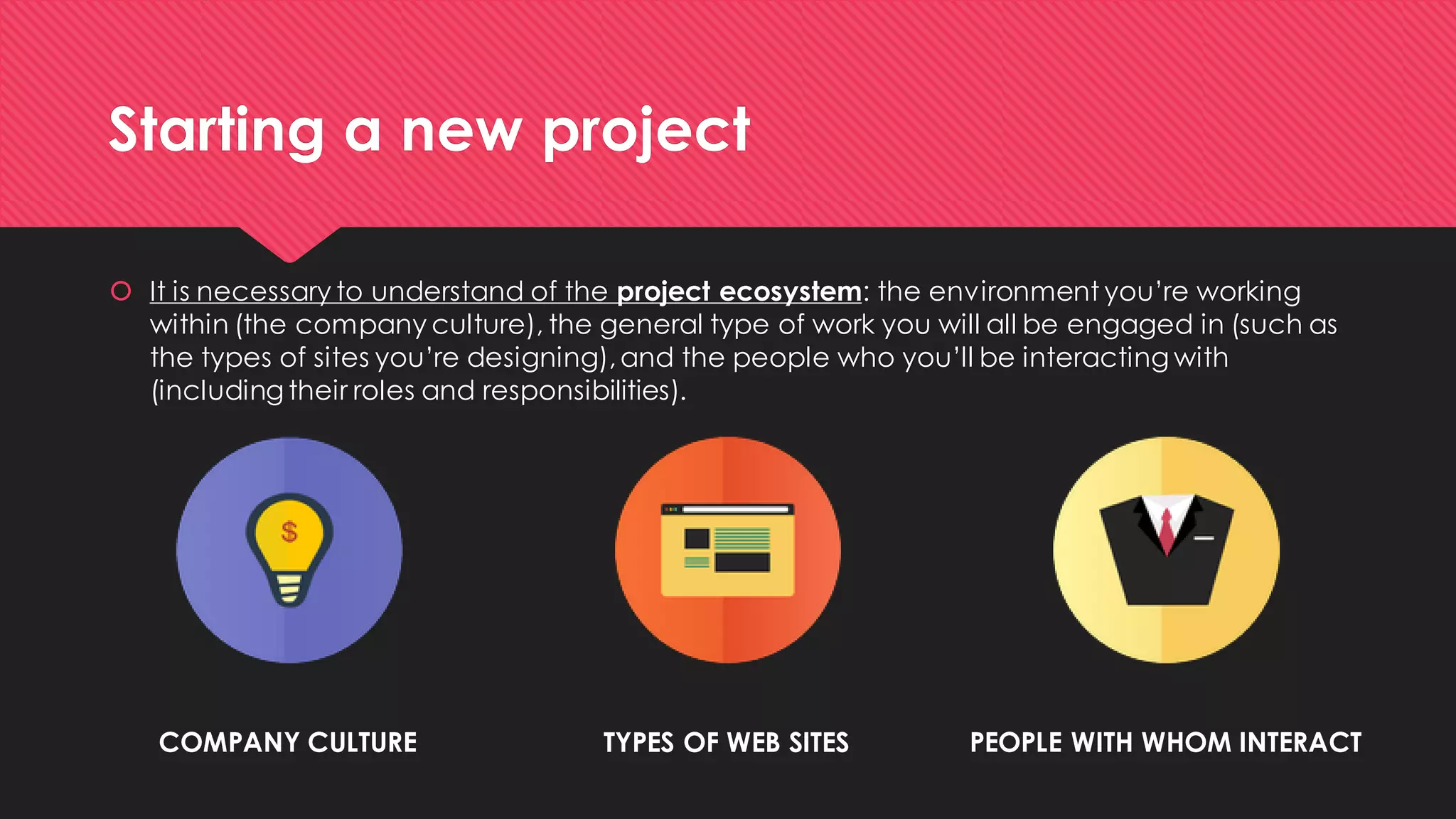 Starting a new project 
It is necessary to understand of the project ecosystem: the environment you’re working within (the company culture), the general type of work you will all be engaged in (such as the types of sites you’re designing), and the people who you’ll be interacting with (including their roles and responsibilities). 
COMPANY CULTURE 
TYPES OF WEB SITES 
PEOPLE WITH WHOM INTERACT  