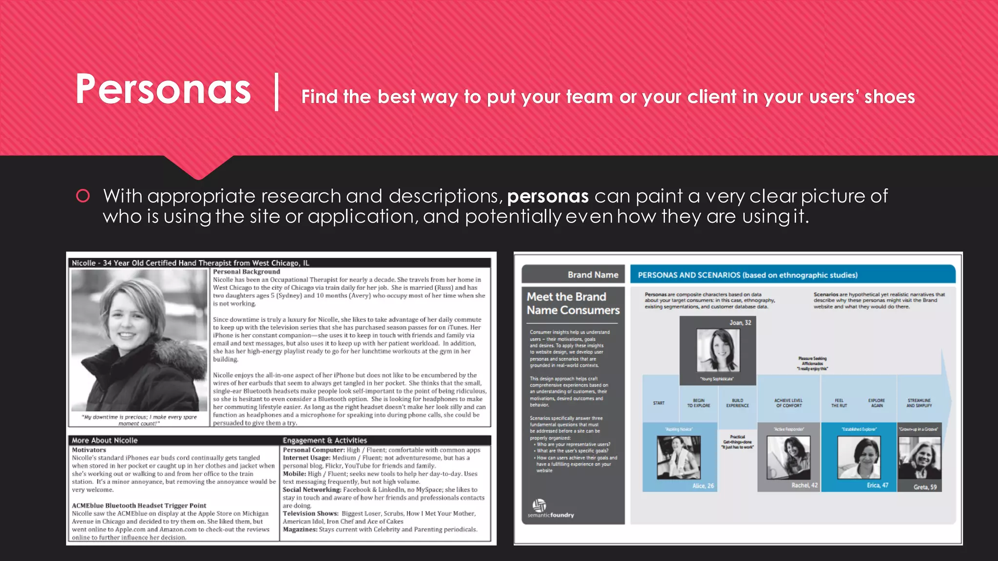 Personas | Find the best way to put your team or your client in your users’ shoes 
With appropriate research and descriptions, personascan paint a very clear picture of who is using the site or application, and potentially even how they are using it.  