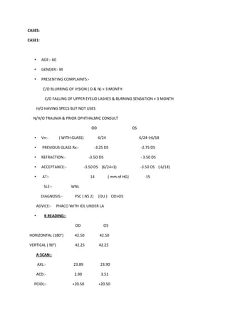 CASES:

CASE1:



   •     AGE:- 60

   •     GENDER:- M

   •     PRESENTING COMPLAINTS:-

          C/O BLURRING OF VISION ( D & N) × 3 MONTH

           C/O FALLING OF UPPER EYELID LASHES & BURNING SENSATION × 3 MONTH

       H/O HAVING SPECS BUT NOT USES

  N/H/O TRAUMA & PRIOR OPHTHALMIC CONSULT

                                        OD                        OS

   •     Vn:-       ( WITH GLASS)            6/24                      6/24→6/18

   •      PREVIOUS GLASS Rx:-             -3.25 DS                     -2.75 DS

   •     REFRACTION:-                 -3.5O DS                         - 3.50 DS

   •     ACCEPTANCE:-               -3.50 DS (6/24+1)                  -3.50 DS ( 6/18)

   •      AT:-                         14           ( mm of HG)           15

          SLE:-           WNL

         DIAGNOSIS:-        PSC ( NS 2)      (OU ) OD>OS

       ADVICE:-   PHACO WITH IOL UNDER LA

   •       K READING:-

                            OD                   OS

HORIZONTAL (180°)           42.50            42.50

VERTICAL ( 90°)             42.25            42.25

       A-SCAN:-

       AXL:-               23.89              23.90

       ACD:-                2.90              3.51

   PCIOL:-                 +20.50            +20.50
 