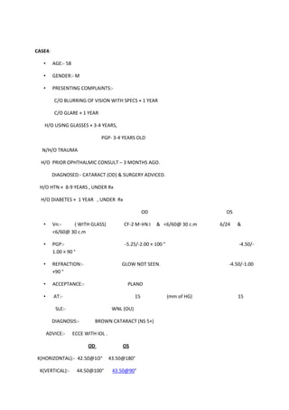 CASE4:

   •     AGE:- 58

   •     GENDER:- M

   •     PRESENTING COMPLAINTS:-

          C/O BLURRING OF VISION WITH SPECS × 1 YEAR

          C/O GLARE × 1 YEAR

   H/O USING GLASSES × 3-4 YEARS,

                                PGP- 3-4 YEARS OLD

  N/H/O TRAUMA

  H/O PRIOR OPHTHALMIC CONSULT – 3 MONTHS AGO.

         DIAGNOSED:- CATARACT (OD) & SURGERY ADVICED.

 H/O HTN × 8-9 YEARS , UNDER Rx

  H/O DIABETES × 1 YEAR , UNDER Rx

                                                       OD                        OS

   •     Vn:-    ( WITH GLASS)             CF-2 M→N.I       & <6/60@ 30 c.m    6/24   &
         <6/60@ 30 c.m

   •     PGP:-                              -5.25/-2.00 × 100 °                       -4.50/-
         1.00 × 90 °

   •     REFRACTION:-                      GLOW NOT SEEN.                         -4.50/-1.00
         ×90 °

   •     ACCEPTANCE:-                        PLANO

   •      AT:-                                    15              (mm of HG)          15

          SLE:-                        WNL (OU)

         DIAGNOSIS:-         BROWN CATARACT (NS 5+)

       ADVICE:-     ECCE WITH IOL .

                           OD              OS

K(HORIZONTAL):- 42.50@1O°             43.50@180°

 K(VERTICAL):-         44.50@100°      43.50@90°
 