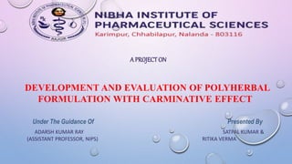 A PROJECT ON
DEVELOPMENT AND EVALUATION OF POLYHERBAL
FORMULATION WITH CARMINATIVE EFFECT
Under The Guidance Of Presented By
ADARSH KUMAR RAY SATPAL KUMAR &
(ASSISTANT PROFESSOR, NIPS) RITIKA VERMA
 