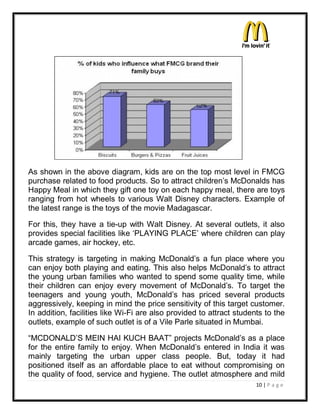 As shown in the above diagram, kids are on the top most level in FMCG
purchase related to food products. So to attract children¶s McDonalds has
Happy Meal in which they gift one toy on each happy meal, there are toys
ranging from hot wheels to various Walt Disney characters. Example of
the latest range is the toys of the movie Madagascar.

For this, they have a tie-up with Walt Disney. At several outlets, it also
provides special facilities like µPLAYING PLACE¶ where children can play
arcade games, air hockey, etc.

This strategy is targeting in making McDonald¶s a fun place where you
can enjoy both playing and eating. This also helps McDonald¶s to attract
the young urban families who wanted to spend some quality time, while
their children can enjoy every movement of McDonald¶s. To target the
teenagers and young youth, McDonald¶s has priced several products
aggressively, keeping in mind the price sensitivity of this target customer.
In addition, facilities like Wi-Fi are also provided to attract students to the
outlets, example of such outlet is of a Vile Parle situated in Mumbai.

³MCDONALD¶S MEIN HAI KUCH BAAT´ projects McDonald¶s as a place
for the entire family to enjoy. When McDonald¶s entered in India it was
mainly targeting the urban upper class people. But, today it had
positioned itself as an affordable place to eat without compromising on
the quality of food, service and hygiene. The outlet atmosphere and mild
                                                                      10 | P a g e
 