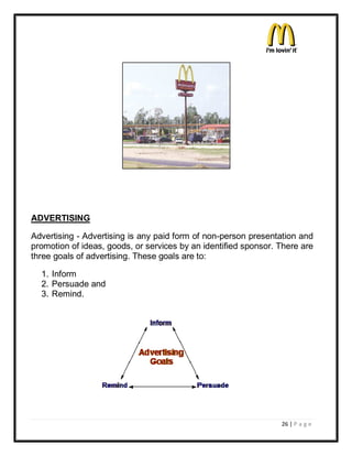 ADVERTISING

Advertising - Advertising is any paid form of non-person presentation and
promotion of ideas, goods, or services by an identified sponsor. There are
three goals of advertising. These goals are to:

  1. Inform
  2. Persuade and
  3. Remind.




                                                                 26 | P a g e
 