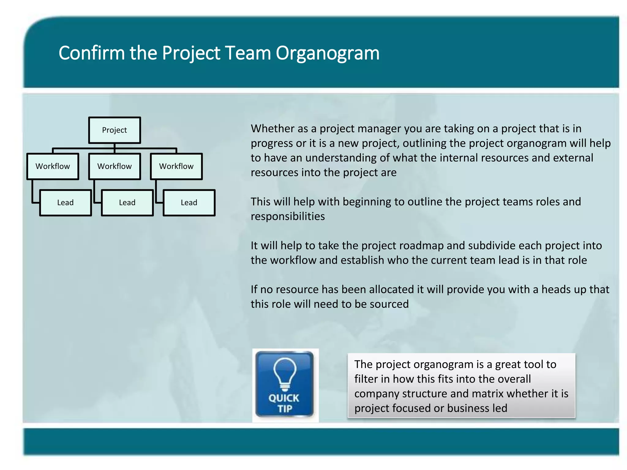 Confirm the Project Team Organogram
Project
Workflow
Lead
Workflow
Lead
Workflow
Lead
Whether as a project manager you are taking on a project that is in
progress or it is a new project, outlining the project organogram will help
to have an understanding of what the internal resources and external
resources into the project are
This will help with beginning to outline the project teams roles and
responsibilities
It will help to take the project roadmap and subdivide each project into
the workflow and establish who the current team lead is in that role
If no resource has been allocated it will provide you with a heads up that
this role will need to be sourced
The project organogram is a great tool to
filter in how this fits into the overall
company structure and matrix whether it is
project focused or business led
 