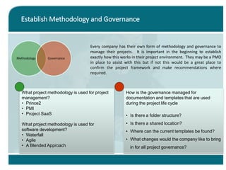 Establish Methodology and Governance
Methodology Governance
Every company has their own form of methodology and governance to
manage their projects. It is important in the beginning to establish
exactly how this works in their project environment. They may be a PMO
in place to assist with this but if not this would be a great place to
confirm the project framework and make recommendations where
required.
What project methodology is used for project
management?
• Prince2
• PMI
• Project SaaS
What project methodology is used for
software development?
• Waterfall
• Agile
• A Blended Approach
How is the governance managed for
documentation and templates that are used
during the project life cycle
• Is there a folder structure?
• Is there a shared location?
• Where can the current templates be found?
• What changes would the company like to bring
in for all project governance?
 