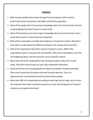 65 
FINDINGS 
 60% Investors preferred to invest through financial advisors,25% investors 
preferred to direct investment with AMC, and 15% through Bank. 
 Most of the people don’t have proper knowledge about the mutual funds and that 
is why probably they don’t invest in mutual fund. 
 Most of the business men have proper knowledge about the mutual funds and as 
result they invest in mutual fund very frequently. 
 Most of the respondents consider bank deposit as investment vehicle. They don’t 
have clear cut idea about the difference between the savings and investment. 
 63% of the respondents keep their money in banks for return, 40% of the 
respondents invest in insurance for tax benefits, 13% of the respondents invest for 
risk hedging purpose, and 3% invest for not any specific reasons. 
 More than half of the respondents have wrong perception about the mutual 
funds. They feel mutual funds are very risky investment alternative 
 Study found that more young people are likely to involved in financial activities. 
They more frequently visit banks and meet financial advisors. This is an 
opportunity for mutual funds houses to attract these people. 
 More than 50% of surveyed persons willing to take high risk for high rate of return. 
This indicates that riskier investment options can also attract big pool of money if 
investors are properly convinced 
 