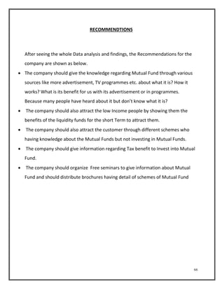 66 
RECOMMENDTIONS 
After seeing the whole Data analysis and findings, the Recommendations for the 
company are shown as below. 
 The company should give the knowledge regarding Mutual Fund through various 
sources like more advertisement, TV programmes etc. about what it is? How it 
works? What is its benefit for us with its advertisement or in programmes. 
Because many people have heard about it but don’t know what it is? 
 The company should also attract the low Income people by showing them the 
benefits of the liquidity funds for the short Term to attract them. 
 The company should also attract the customer through different schemes who 
having knowledge about the Mutual Funds but not investing in Mutual Funds. 
 The company should give information regarding Tax benefit to Invest into Mutual 
Fund. 
 The company should organize Free seminars to give information about Mutual 
Fund and should distribute brochures having detail of schemes of Mutual Fund 
 