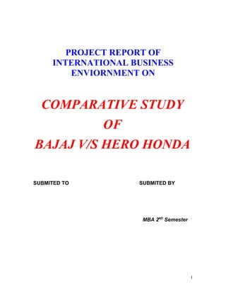 PROJECT REPORT OF
     INTERNATIONAL BUSINESS
         ENVIORNMENT ON


 COMPARATIVE STUDY
          OF
BAJAJ V/S HERO HONDA

SUBMITED TO         SUBMITED BY




                     MBA 2ND Semester




                                        1
 