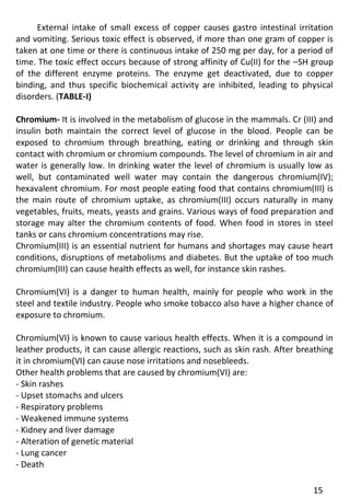 15 
External intake of small excess of copper causes gastro intestinal irritation and vomiting. Serious toxic effect is observed, if more than one gram of copper is taken at one time or there is continuous intake of 250 mg per day, for a period of time. The toxic effect occurs because of strong affinity of Cu(II) for the –SH group of the different enzyme proteins. The enzyme get deactivated, due to copper binding, and thus specific biochemical activity are inhibited, leading to physical disorders. (TABLE-I) 
Chromium- It is involved in the metabolism of glucose in the mammals. Cr (III) and insulin both maintain the correct level of glucose in the blood. People can be exposed to chromium through breathing, eating or drinking and through skin contact with chromium or chromium compounds. The level of chromium in air and water is generally low. In drinking water the level of chromium is usually low as well, but contaminated well water may contain the dangerous chromium(IV); hexavalent chromium. For most people eating food that contains chromium(III) is the main route of chromium uptake, as chromium(III) occurs naturally in many vegetables, fruits, meats, yeasts and grains. Various ways of food preparation and storage may alter the chromium contents of food. When food in stores in steel tanks or cans chromium concentrations may rise. 
Chromium(III) is an essential nutrient for humans and shortages may cause heart conditions, disruptions of metabolisms and diabetes. But the uptake of too much chromium(III) can cause health effects as well, for instance skin rashes. 
Chromium(VI) is a danger to human health, mainly for people who work in the steel and textile industry. People who smoke tobacco also have a higher chance of exposure to chromium. 
Chromium(VI) is known to cause various health effects. When it is a compound in leather products, it can cause allergic reactions, such as skin rash. After breathing it in chromium(VI) can cause nose irritations and nosebleeds. 
Other health problems that are caused by chromium(VI) are: 
- Skin rashes 
- Upset stomachs and ulcers 
- Respiratory problems 
- Weakened immune systems 
- Kidney and liver damage 
- Alteration of genetic material 
- Lung cancer 
- Death  