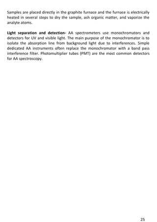 25 
Samples are placed directly in the graphite furnace and the furnace is electrically heated in several steps to dry the sample, ash organic matter, and vaporize the analyte atoms. 
Light separation and detection- AA spectrometers use monochromators and detectors for UV and visible light. The main purpose of the monochromator is to isolate the absorption line from background light due to interferences. Simple dedicated AA instruments often replace the monochromator with a band pass interference filter. Photomultiplier tubes (PMT) are the most common detectors for AA spectroscopy.  