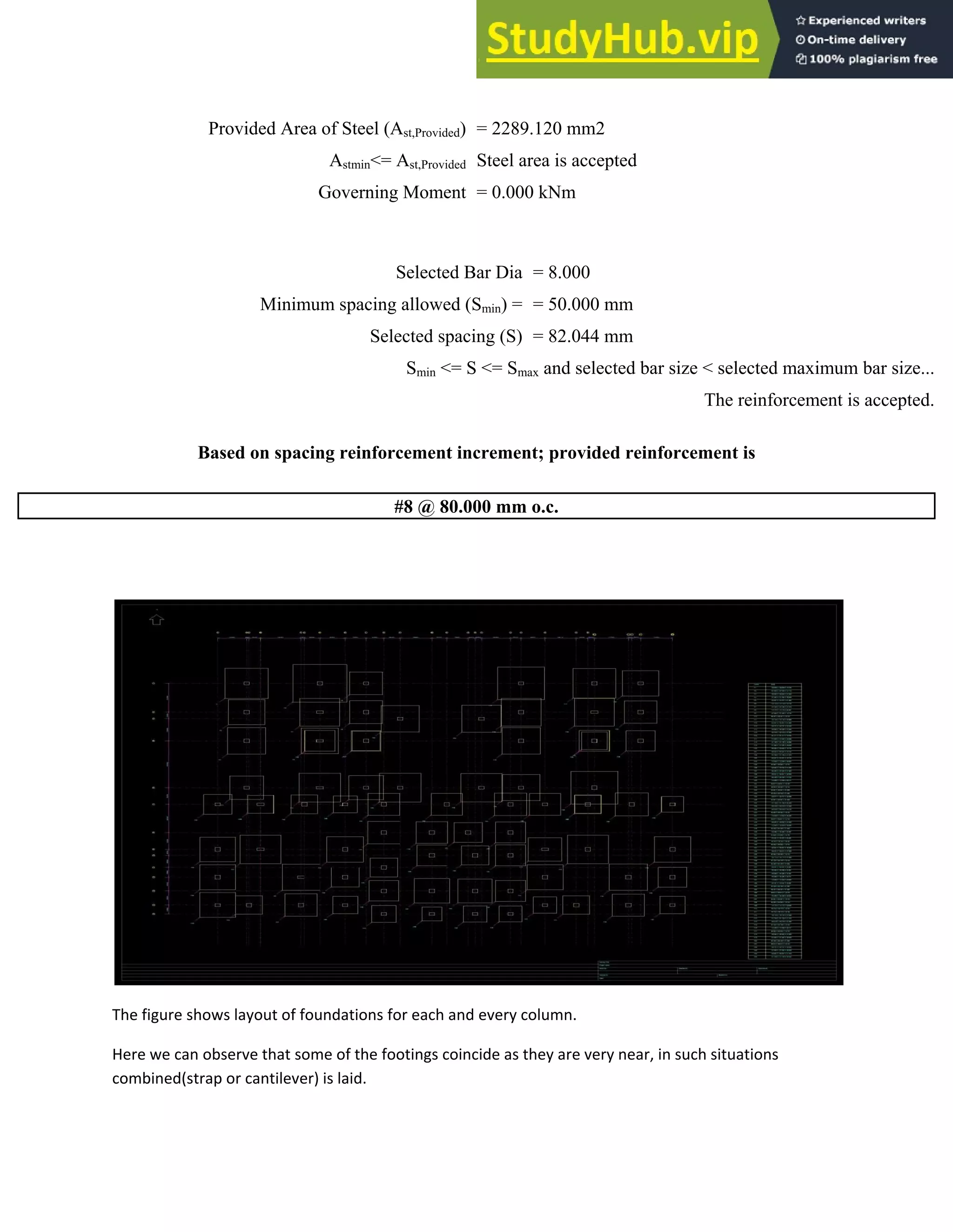 Provided Area of Steel (Ast,Provided) = 2289.120 mm2
Astmin<= Ast,Provided Steel area is accepted
Governing Moment = 0.000 kNm
Selected Bar Dia = 8.000
Minimum spacing allowed (Smin) = = 50.000 mm
Selected spacing (S) = 82.044 mm
Smin <= S <= Smax and selected bar size < selected maximum bar size...
The reinforcement is accepted.
Based on spacing reinforcement increment; provided reinforcement is
#8 @ 80.000 mm o.c.
The figure shows layout of foundations for each and every column.
Here we can observe that some of the footings coincide as they are very near, in such situations
combined(strap or cantilever) is laid.
 