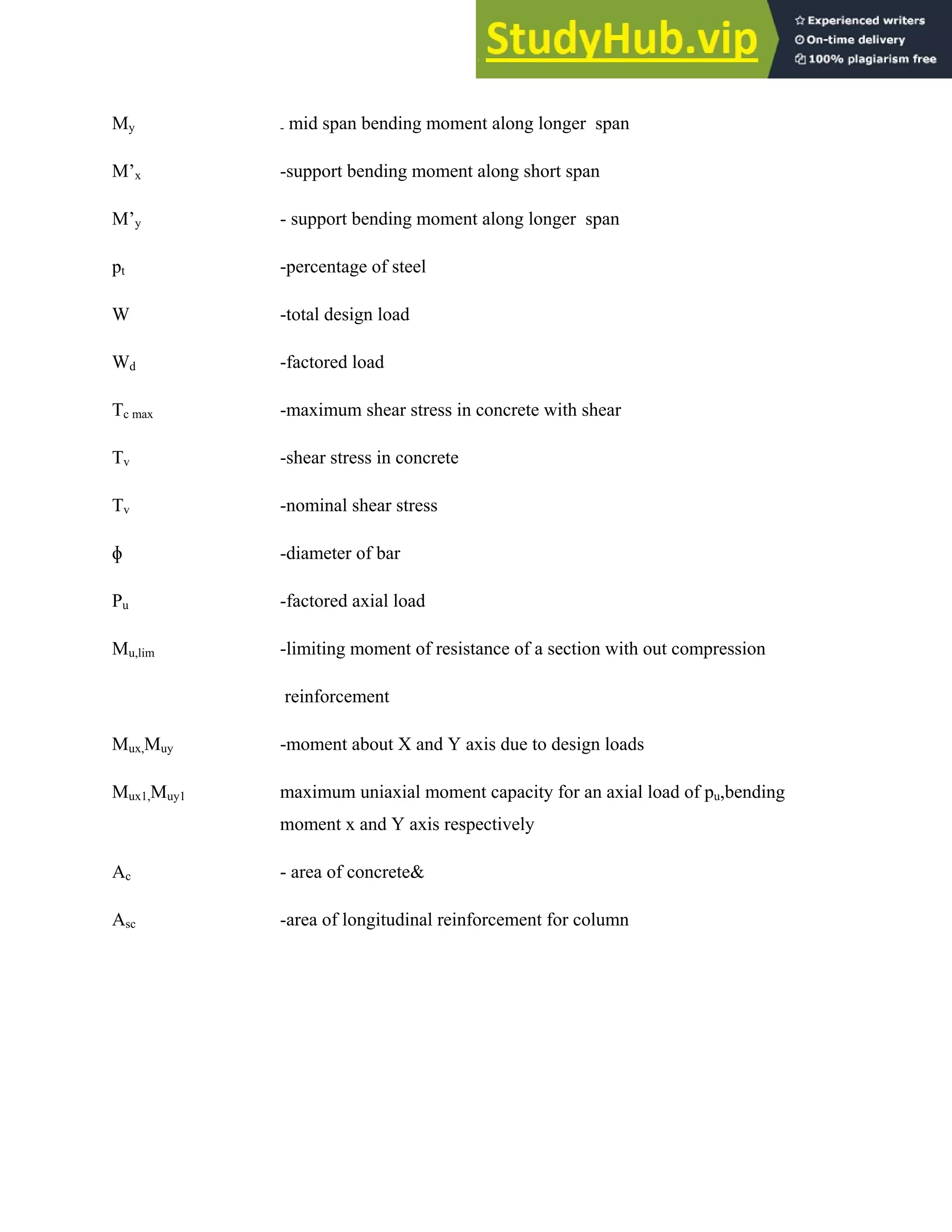 My - mid span bending moment along longer span
M’x -support bending moment along short span
M’y - support bending moment along longer span
pt -percentage of steel
W -total design load
Wd -factored load
Tc max -maximum shear stress in concrete with shear
Tv -shear stress in concrete
Tv -nominal shear stress
ɸ -diameter of bar
Pu -factored axial load
Mu,lim -limiting moment of resistance of a section with out compression
reinforcement
Mux,Muy -moment about X and Y axis due to design loads
Mux1,Muy1 maximum uniaxial moment capacity for an axial load of pu,bending
moment x and Y axis respectively
Ac - area of concrete&
Asc -area of longitudinal reinforcement for column
 