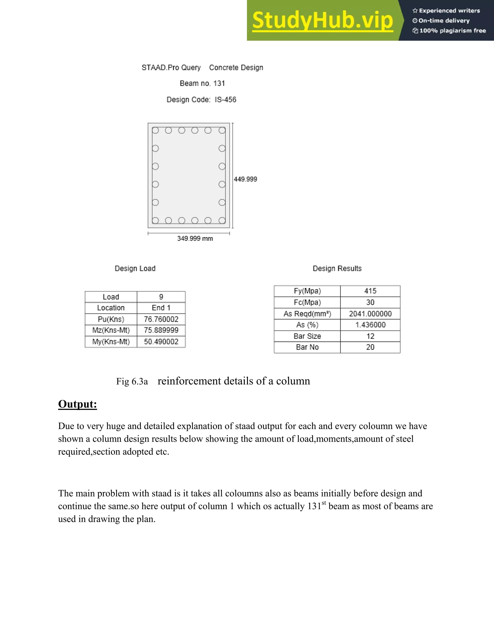 Fig 6.3a reinforcement details of a column
Output:
Due to very huge and detailed explanation of staad output for each and every coloumn we have
shown a column design results below showing the amount of load,moments,amount of steel
required,section adopted etc.
The main problem with staad is it takes all coloumns also as beams initially before design and
continue the same.so here output of column 1 which os actually 131st
beam as most of beams are
used in drawing the plan.
 