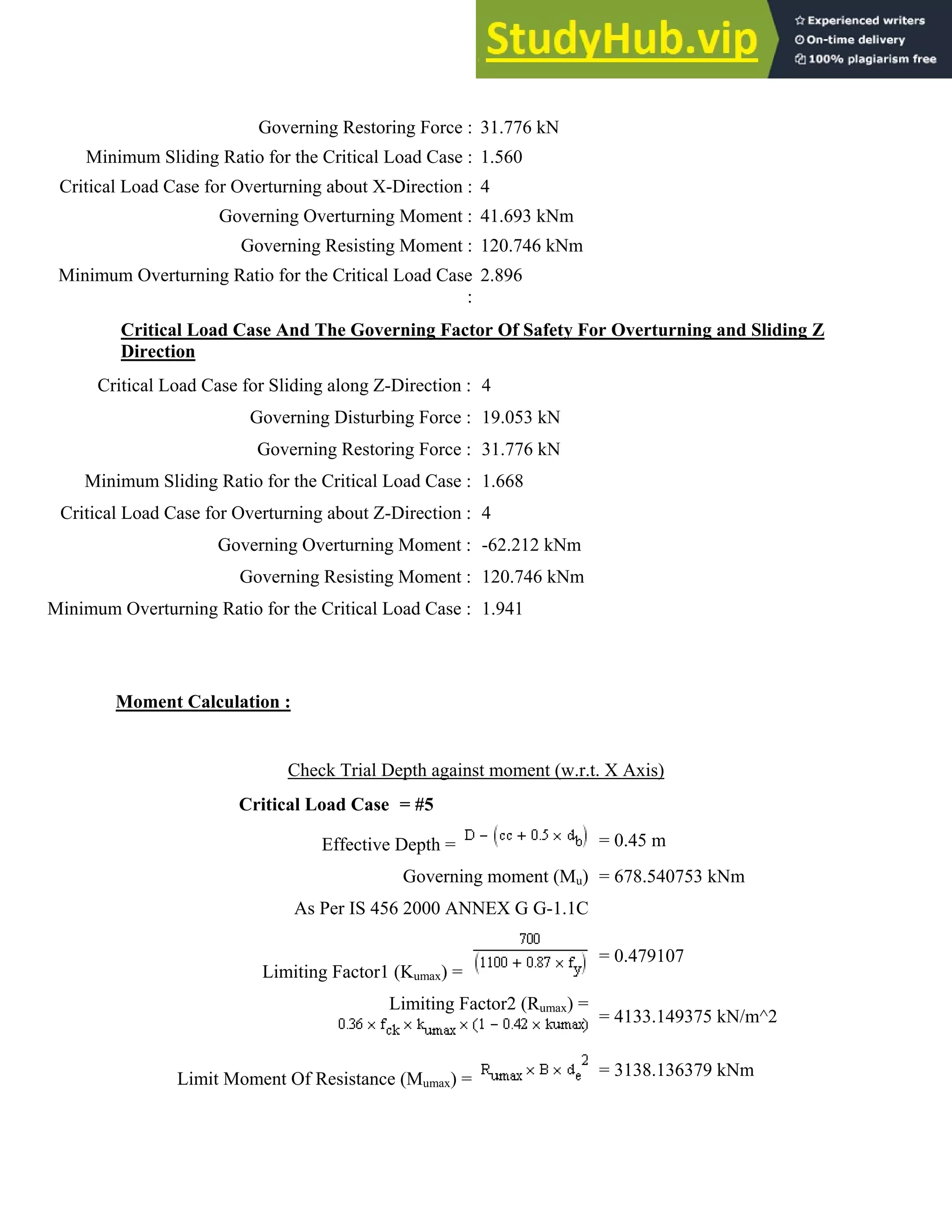 M
Crit
Min
M
Crit
Minim
Minimum Sl
ical Load Ca
nimum Overt
Critical
Directio
Critical Lo
Minimum Sl
tical Load Ca
mum Overtu
Moment
L
G
liding Ratio
ase for Over
Govern
Gov
turning Ratio
l Load Case
on
oad Case for
Go
G
liding Ratio
ase for Over
Govern
Gov
urning Ratio
t Calculatio
Crit
L
Limit Mome
Governing R
for the Criti
rturning abou
ning Overtur
verning Resi
o for the Cri
e And The G
Sliding alon
overning Dis
Governing Re
for the Criti
rturning abou
ning Overtur
verning Resi
for the Criti
on :
Check Tr
tical Load C
Effec
As Per I
Limiting Fac
ent Of Resis
estoring For
ical Load Ca
ut X-Directio
rning Mome
isting Mome
itical Load C
Governing F
ng Z-Directio
sturbing For
estoring For
cal Load Ca
ut Z-Directio
rning Mome
isting Mome
cal Load Ca
rial Depth ag
Case = #5
ctive Depth
Gover
S 456 2000
ctor1 (Kumax)
Limitin
tance (Mumax
rce : 31.776
ase : 1.560
on : 4
ent : 41.693
ent : 120.746
Case
:
2.896
Factor Of S
on : 4
rce : 19.053
rce : 31.776
ase : 1.668
on : 4
ent : -62.212
ent : 120.74
ase : 1.941
gainst mome
=
rning mome
ANNEX G
) =
ng Factor2 (R
x) =
kN
kNm
6 kNm
afety For O
kN
kN
2 kNm
6 kNm
ent (w.r.t. X
= 0
nt (Mu) = 6
G-1.1C
= 0
Rumax) =
= 4
= 3
Overturning
Axis)
0.45 m
678.540753 k
0.479107
4133.149375
138.136379
and Sliding
kNm
kN/m^2
kNm
g Z
 