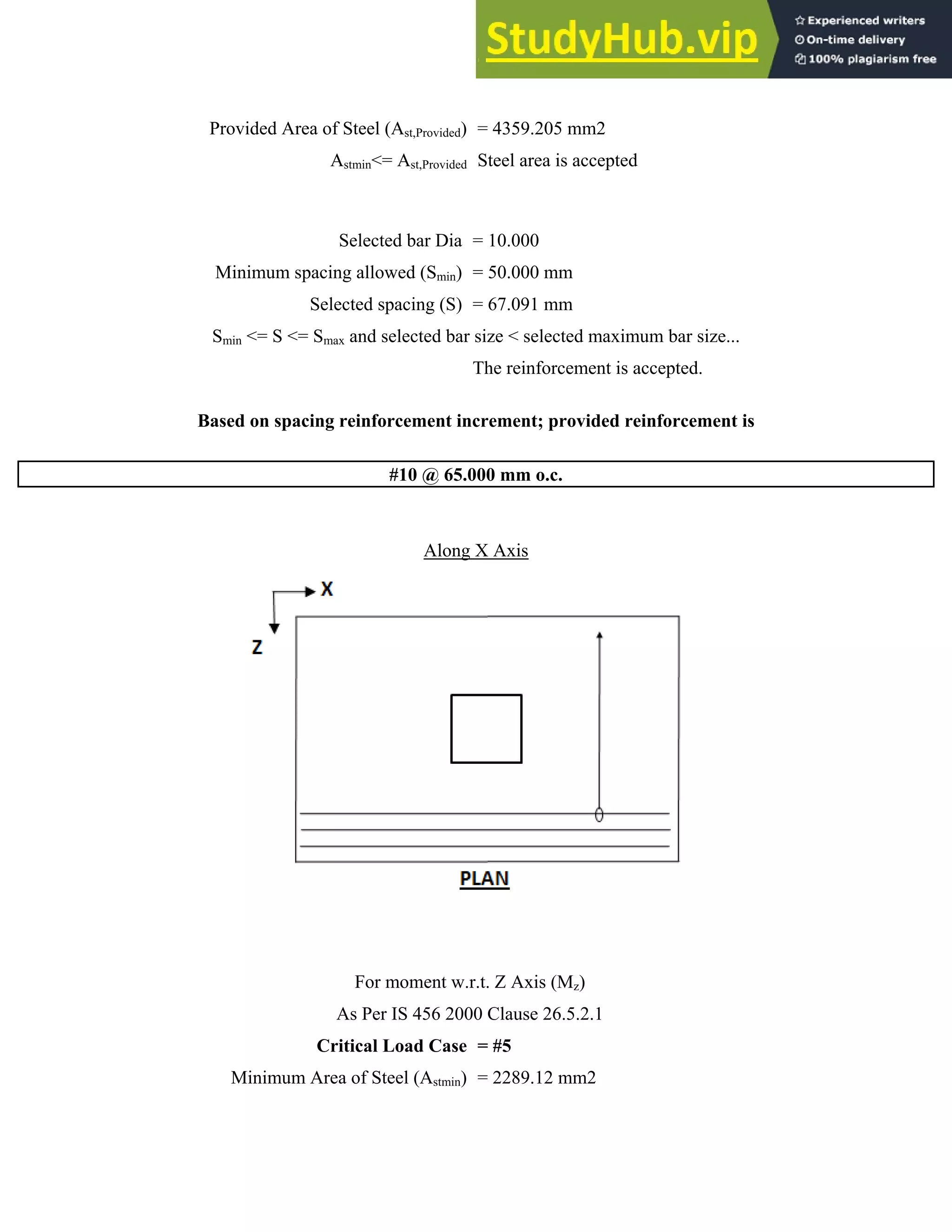 Provided Area of Steel (Ast,Provided) = 4359.205 mm2
Astmin<= Ast,Provided Steel area is accepted
Selected bar Dia = 10.000
Minimum spacing allowed (Smin) = 50.000 mm
Selected spacing (S) = 67.091 mm
Smin <= S <= Smax and selected bar size < selected maximum bar size...
The reinforcement is accepted.
Based on spacing reinforcement increment; provided reinforcement is
#10 @ 65.000 mm o.c.
Along X Axis
For moment w.r.t. Z Axis (Mz)
As Per IS 456 2000 Clause 26.5.2.1
Critical Load Case = #5
Minimum Area of Steel (Astmin) = 2289.12 mm2
 