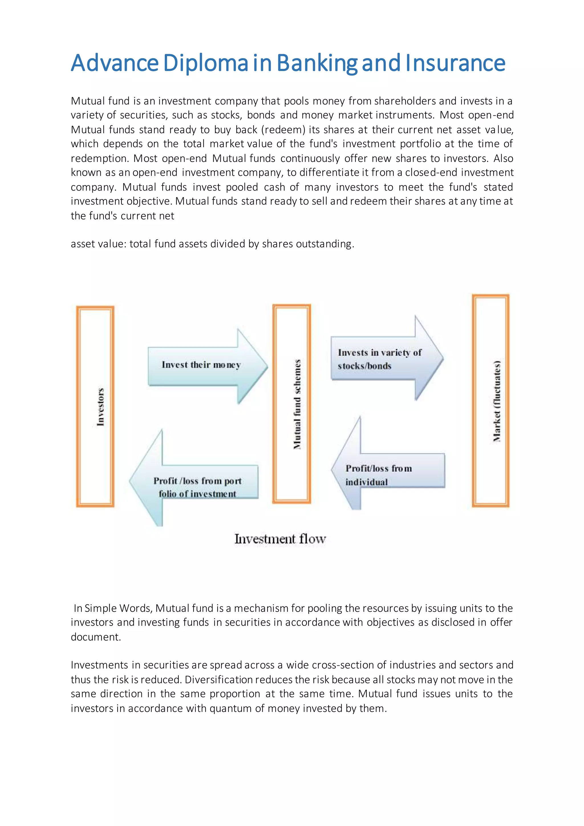 AdvanceDiplomainBankingandInsurance
Mutual fund is an investment company that pools money from shareholders and invests in a
variety of securities, such as stocks, bonds and money market instruments. Most open-end
Mutual funds stand ready to buy back (redeem) its shares at their current net asset value,
which depends on the total market value of the fund's investment portfolio at the time of
redemption. Most open-end Mutual funds continuously offer new shares to investors. Also
known as an open-end investment company, to differentiate it from a closed-end investment
company. Mutual funds invest pooled cash of many investors to meet the fund's stated
investment objective. Mutual funds stand ready to sell and redeem their shares at any time at
the fund's current net
asset value: total fund assets divided by shares outstanding.
In Simple Words, Mutual fund is a mechanism for pooling the resources by issuing units to the
investors and investing funds in securities in accordance with objectives as disclosed in offer
document.
Investments in securities are spread across a wide cross-section of industries and sectors and
thus the risk is reduced. Diversification reduces the risk because all stocks may not move in the
same direction in the same proportion at the same time. Mutual fund issues units to the
investors in accordance with quantum of money invested by them.
 