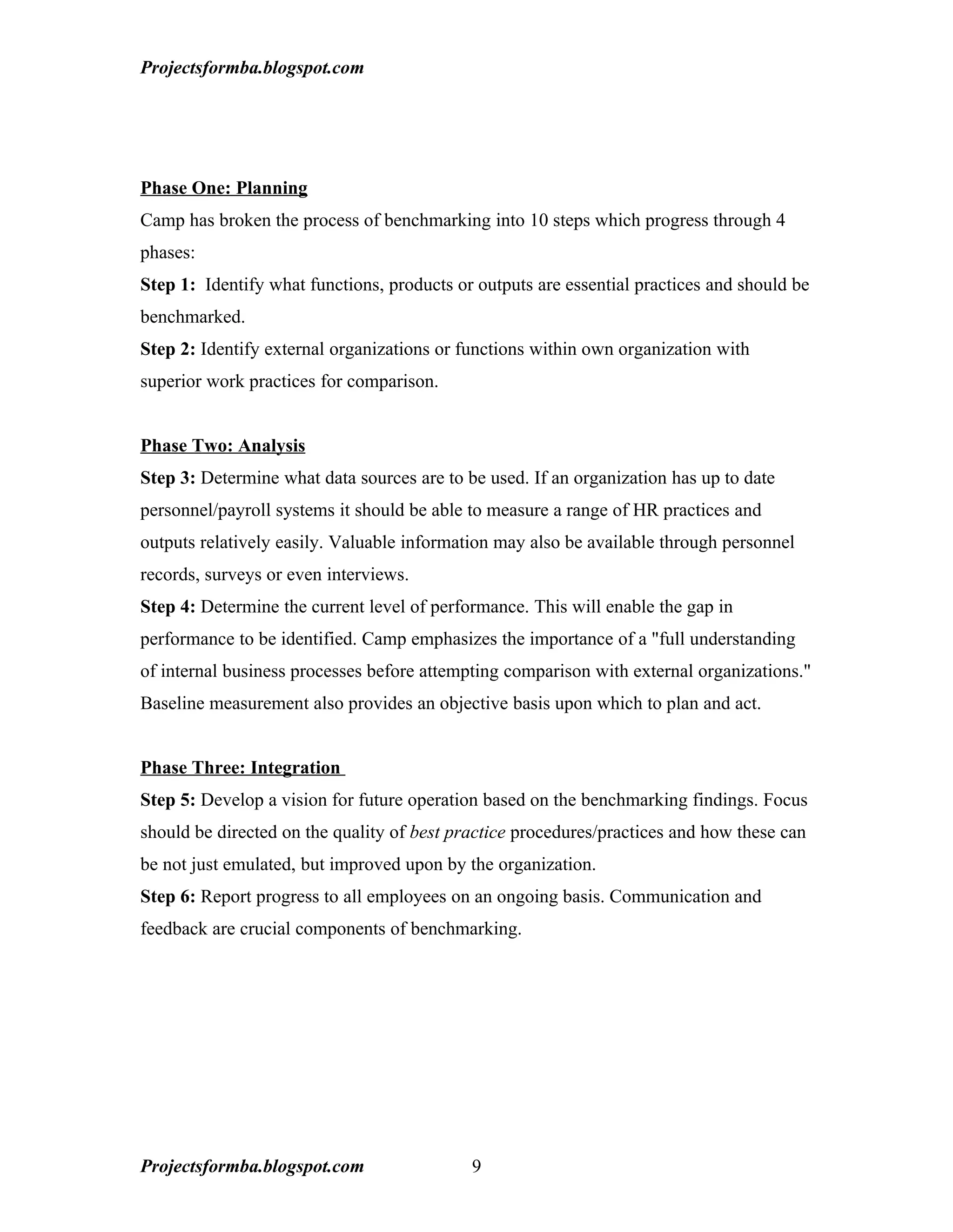 Projectsformba.blogspot.com




Phase One: Planning
Camp has broken the process of benchmarking into 10 steps which progress through 4
phases:
Step 1: Identify what functions, products or outputs are essential practices and should be
benchmarked.
Step 2: Identify external organizations or functions within own organization with
superior work practices for comparison.


Phase Two: Analysis
Step 3: Determine what data sources are to be used. If an organization has up to date
personnel/payroll systems it should be able to measure a range of HR practices and
outputs relatively easily. Valuable information may also be available through personnel
records, surveys or even interviews.
Step 4: Determine the current level of performance. This will enable the gap in
performance to be identified. Camp emphasizes the importance of a "full understanding
of internal business processes before attempting comparison with external organizations."
Baseline measurement also provides an objective basis upon which to plan and act.


Phase Three: Integration
Step 5: Develop a vision for future operation based on the benchmarking findings. Focus
should be directed on the quality of best practice procedures/practices and how these can
be not just emulated, but improved upon by the organization.
Step 6: Report progress to all employees on an ongoing basis. Communication and
feedback are crucial components of benchmarking.




Projectsformba.blogspot.com                 9
 