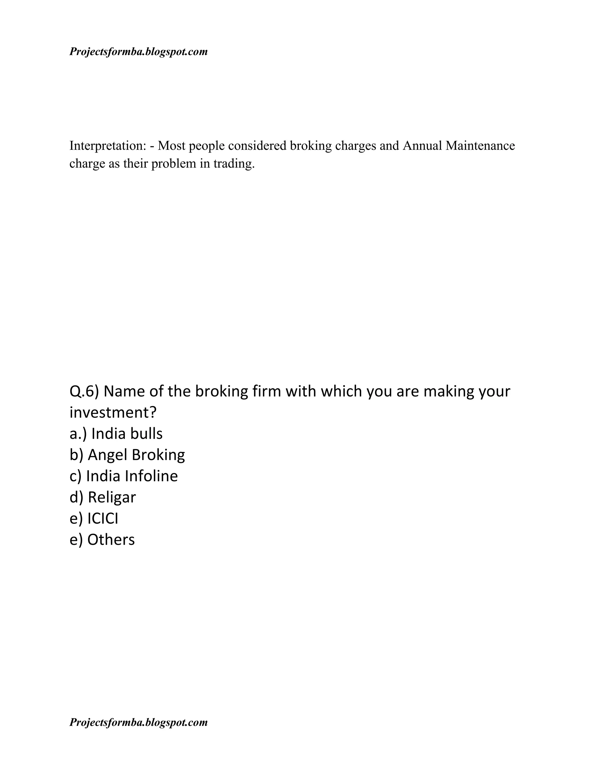 Projectsformba.blogspot.com




Interpretation: - Most people considered broking charges and Annual Maintenance
charge as their problem in trading.




Q.6) Name of the broking firm with which you are making your
investment?
a.) India bulls
b) Angel Broking
c) India Infoline
d) Religar
e) ICICI
e) Others




Projectsformba.blogspot.com
 