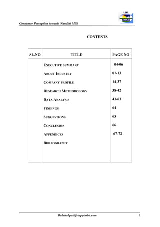 Consumer Perception towards Nandini Milk



                                             CONTENTS



      SL.NO                       TITLE                 PAGE NO

                EXECUTIVE SUMMARY                        04-06

                ABOUT INDUSTRY                          07-13

                COMPANY PROFILE                         14-37

                RESEARCH METHODOLOGY                    38-42

                DATA ANALYSIS                           43-63

                FINDINGS                                64

                SUGGESTIONS                             65

                CONCLUSION                              66

                APPENDICES                              67-72

                BIBLIOGRAPHY




                          Babasabpatilfreepptmba.com              1
 