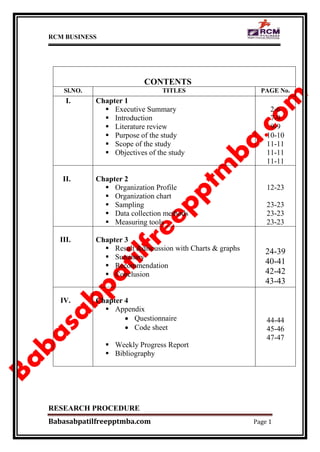 RCM BUSINESS
Babasabpatilfreepptmba.com Page 1
CONTENTS
Sl.NO. TITLES PAGE No.
I. Chapter 1
 Executive Summary
 Introduction
 Literature review
 Purpose of the study
 Scope of the study
 Objectives of the study
2-6
7-9
9-9
10-10
11-11
11-11
11-11
II. Chapter 2
 Organization Profile
 Organization chart
 Sampling
 Data collection methods
 Measuring tools
12-23
23-23
23-23
23-23
III. Chapter 3
 Result &discussion with Charts & graphs
 Summary
 Recommendation
 Conclusion
24-39
40-41
42-42
43-43
IV. Chapter 4
 Appendix
 Questionnaire
 Code sheet
 Weekly Progress Report
 Bibliography
44-44
45-46
47-47
RESEARCH PROCEDURE
 