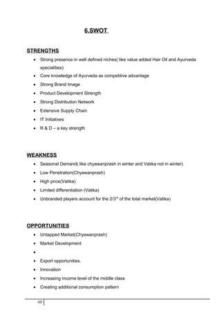 6.SWOT
STRENGTHS
• Strong presence in well defined niches( like value added Hair Oil and Ayurveda
specialities)
• Core knowledge of Ayurveda as competitive advantage
• Strong Brand Image
• Product Development Strength
• Strong Distribution Network
• Extensive Supply Chain
• IT Initiatives
• R & D – a key strength
WEAKNESS
• Seasonal Demand( like chyawanprash in winter and Vatika not in winter)
• Low Penetration(Chyawanprash)
• High price(Vatika)
• Limited differentiation (Vatika)
• Unbranded players account for the 2/3rd
of the total market(Vatika)
OPPORTUNITIES
• Untapped Market(Chyawanprash)
• Market Development
•
• Export opportunities.
• Innovation
• Increasing income level of the middle class
• Creating additional consumption pattern
60
 