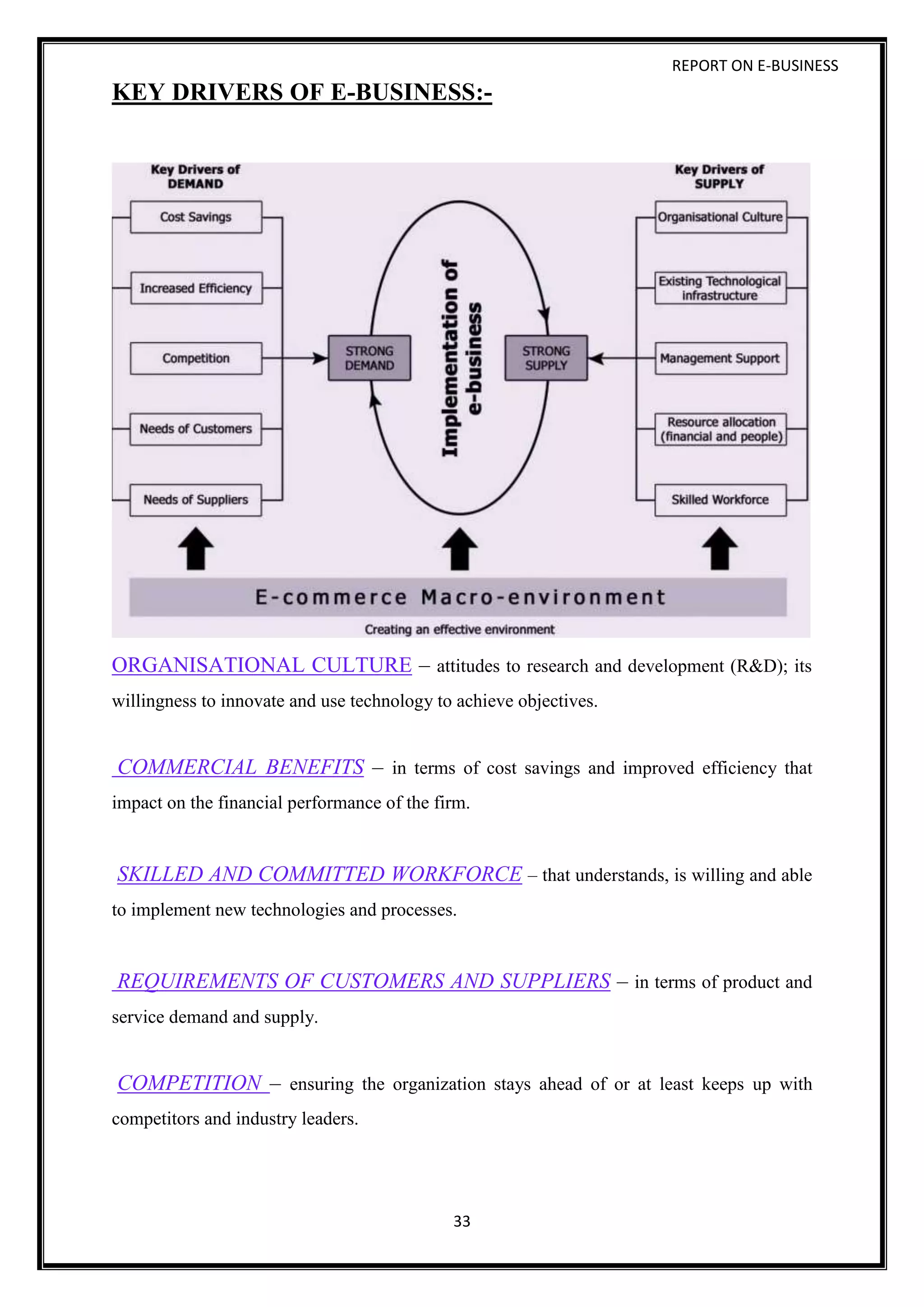 REPORT ON E-BUSINESS
33
KEY DRIVERS OF E-BUSINESS:-
ORGANISATIONAL CULTURE – attitudes to research and development (R&D); its
willingness to innovate and use technology to achieve objectives.
COMMERCIAL BENEFITS – in terms of cost savings and improved efficiency that
impact on the financial performance of the firm.
SKILLED AND COMMITTED WORKFORCE – that understands, is willing and able
to implement new technologies and processes.
REQUIREMENTS OF CUSTOMERS AND SUPPLIERS – in terms of product and
service demand and supply.
COMPETITION – ensuring the organization stays ahead of or at least keeps up with
competitors and industry leaders.
 