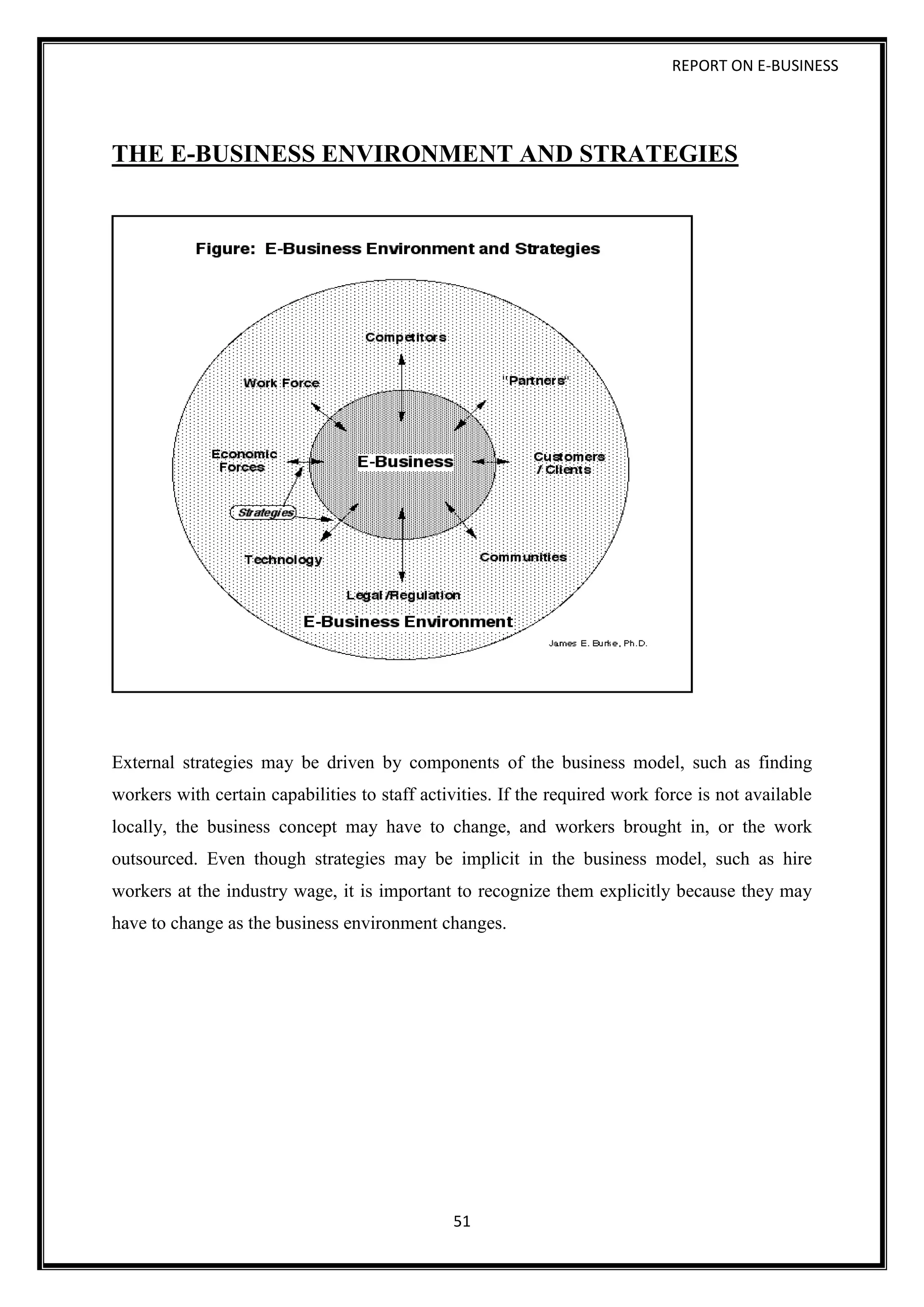 REPORT ON E-BUSINESS
51
THE E-BUSINESS ENVIRONMENT AND STRATEGIES
External strategies may be driven by components of the business model, such as finding
workers with certain capabilities to staff activities. If the required work force is not available
locally, the business concept may have to change, and workers brought in, or the work
outsourced. Even though strategies may be implicit in the business model, such as hire
workers at the industry wage, it is important to recognize them explicitly because they may
have to change as the business environment changes.
 